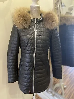 Black Leather Quilted Fur Trim Hood Oakwood Coat Never Worn • £249.99