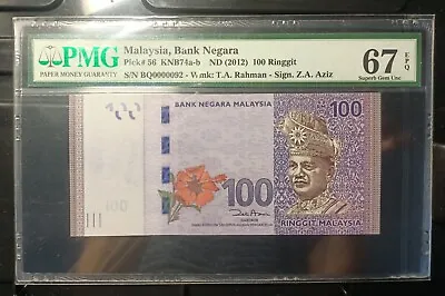 Malaysia Banknote Rm100 Pmg67epq Low Number Bq0000092 Zeti Gabenor • $118