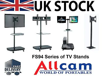 FS94 Series LED/LCD TV Trolley Floor Stand W/ Mounting Bracket & Glass Shelf • £74.98