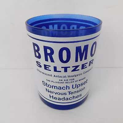 VTG Bromo Seltzer Blue Glass Promo Cup Applied Ceramic Label 1950's 4  Antacid • $33.97