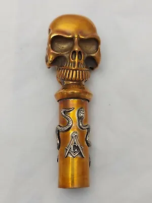 Antique Memento Mori Skull Masonic Walking Stick Cane Handle Silver Brass • $679