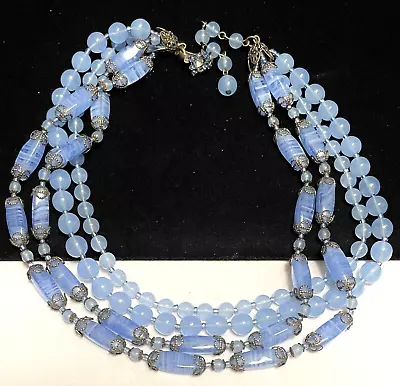 Miriam Haskell Necklace Signed Rare Vintage Blue Art Glass  16  Four Strand A13 • $385