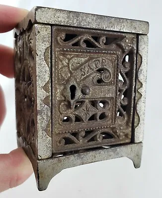 Antique J E Stevens Cast Iron Still Coin Bank Ornate Safe Patent June 2 1886 • $99.95