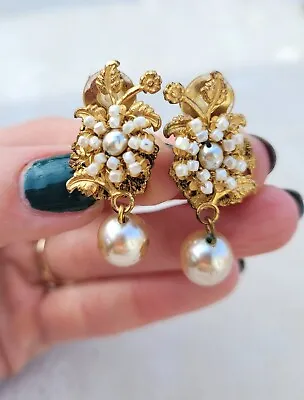 Vintage Miriam Haskell Faux Pearl Drop Gold Tone Clip On Earrings Unsigned • $49.99