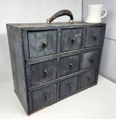 Vintage Small Mini Wood 9-Drawer Apothecary Cabinet Old Blue Paint • $400