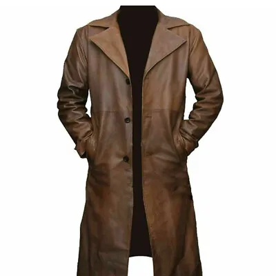 Men's Authentic Sheepskin Real Leather Trench Jacket Brown Long Button Coat • $180.49