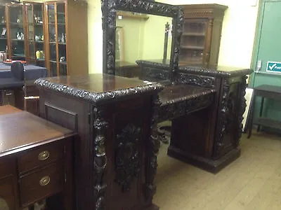 Victorian Gothic 19th Century Carved Oak Mirrored Back Sideboard Dresser Bar • £1899.99