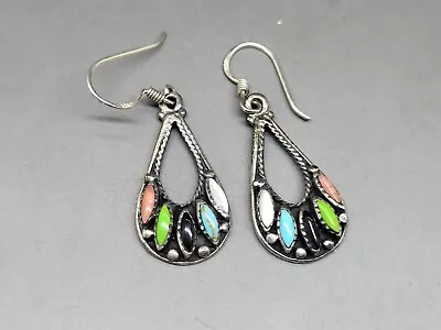 Vintage Navajo Multi GemStone .925 Sterling Silver Fancy Drop Wire Back Earrings • $34.99