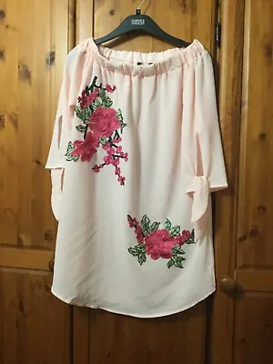 Quiz Clothing Bardot Pink Floral Embroidered Top Size 8 Uk • £8
