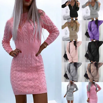 £12.89 • Buy Womens Knitted Jumper Dress Bodycon Ladies Winter V Neck Mini Sweater Dresses