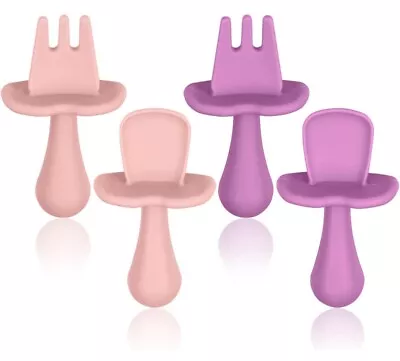 Vicloon Baby Fork And Spoon Set 4Pcs Infant Silicone Self Feeding Utensil Easy  • £3.99