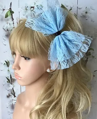 BIG PALE BLUE LACE NET BOW ALICE HAIR HEAD BAND 80s RETRO PARTY FANCY DRESS XL • £4.99