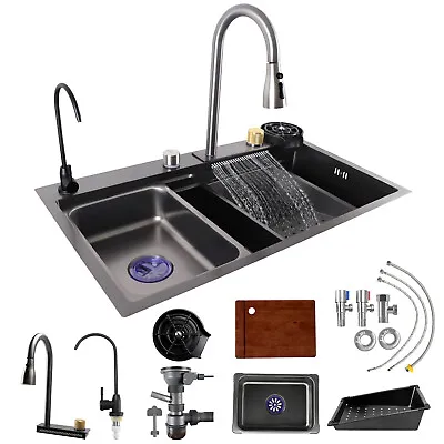 Multifunction Stainless Steel Waterfall Kitchen Sink Basin 46x75cm All In 1 Set • $249.99