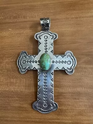 Vtg Native American Sterling Silver & Turquoise Cross Pendant Only Signed AS • $148.97