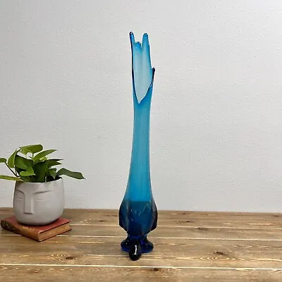 Viking Blue Epic 3 Toe Foil Hand Blown Glass Stretched Swung Vase Vintage • $288.67