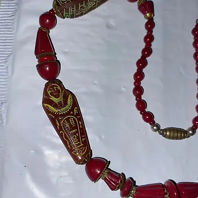 Necklace Max Neiger Czech Art Glass Pharaoh Mummy Bead Antique 1920 Red • $259.99