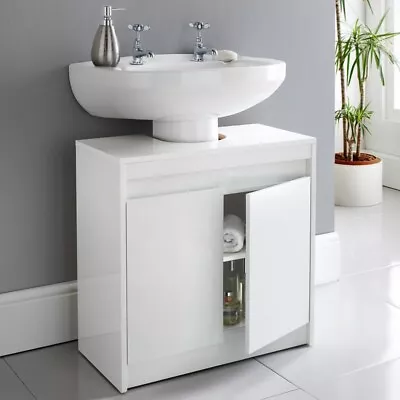 White High Gloss Bathroom Under Sink Cabinet Basin Cupboard Bathroom Storage • £72.99