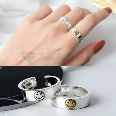 Men Women Sterling Silver Happy Smiley Face Adjustable Funky Finger Fashion Ring • £3.99