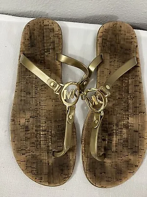 Michael Kors Women Sandal Size 11 Gold MK Charm Jelly PVC Thong Slide Flip Flop • $35