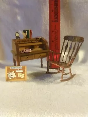 VTG Dollhouse Miniature Wood Roll Top Desk And Rocking Chair W/ Accessories • $22.99