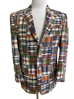 Vintage Jos A Bank Mens Cotton Madras Patchwork Plaid 3/2 Roll Sport Coat 39R • $85