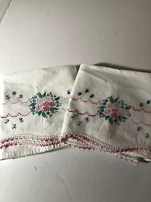 Vintage Hand Embroidered Pillowcases Set Of 2 Floral Pink Crochet Trim • $18