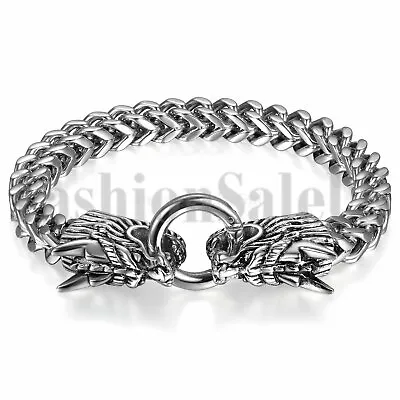 Mens Silver Tone Heavy Stainless Steel Double Dragon Head Clasp Bangle Bracelet • $17.99