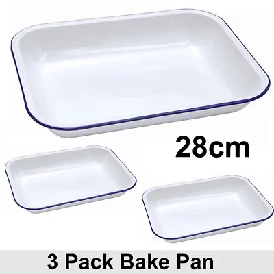 3x Falcon Traditional Enamel 28cm Oblong Bake Pan Baking Roasting Tray White UK • £30.99