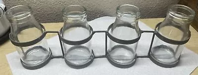 Vintage Set Of 4 Small 4.75” Milk Jugs In Heavy 14” X 2.5” Metal Holder • $16.50