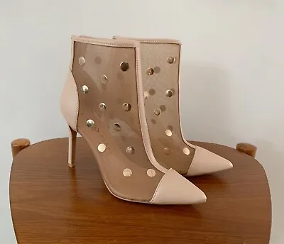 Katy Perry Jeffree Nude Ankle Bootie Heel Size 6 Gold Polka Dot Mesh Cap Toe • $14