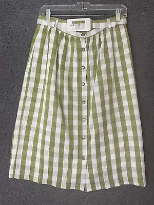 Modcloth Skirt Womens 8 Green White Checked Midi Button Front Belted Lined EUC • $5.78