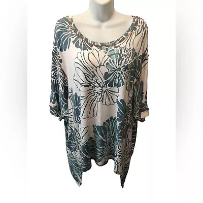 Miracle Body Floral Over~Size Tee L Shark Bite Hem Dolman Short Sleeve Casual • $34.22