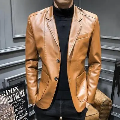 Mens Wedding Casual Formal Dress Blazer Leather Jacket Coat Business Slim Fit • $36.99