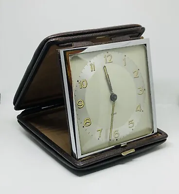 Large Vintage Leather Cased Folding 8 Day Travel Timepiece Or Clock (c.1930-40) • $181