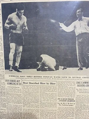Vintage Newspaper Headline~joe Louis Brown Bomber Ko Max Schmeling 1938 Boxing • $13.95