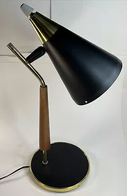 Vintage Mid Century MCM Bullet Style Shade Desk Lamp Gold Black Wood 21” Works • $129.99