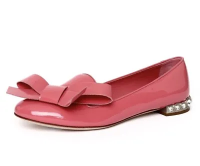 Miu Miu Womens Pink Patent Leather Bow Crystal Jewel Flats N4233 Size 37.5  • $588.75