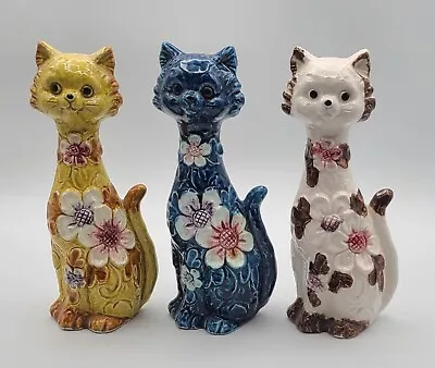 Vtg MCM Ceramic Cats Set Of 3 Blue Yellow White W/Flowers Japan 9 In • $39.99