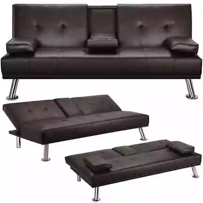 Faux Leather Futon Folding Convertible Sofa Bed Sleeper Couch Cupholders Modern • $164.99