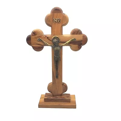 VTG Holy Land Jesus Crucifix Hand Made Olive Wood Metal Standing Cross West Bank • $13.99