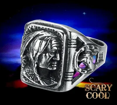 £11.74 • Buy New Indian Chief Horse Classic Head Mens Gothic Biker Ring 