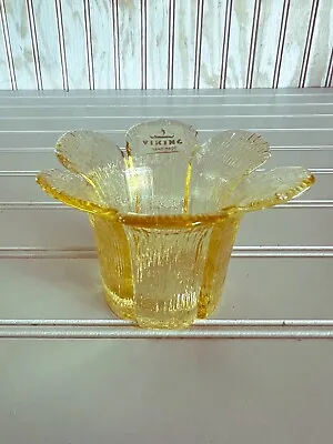 Vintage Viking Glass Yellow Flower Candle Votive Holder 2.5”x 4” • $28.99