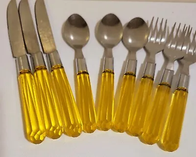 Vitage Italian Lucite Clear Yellow Faceted Stainless Silverware Flatware Unique • $32