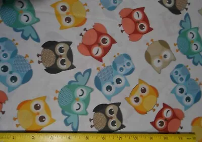 Multi Color Owls On White Lycra 2-way Wicking Fabric 1 Yd X 25  #57 • $6.26