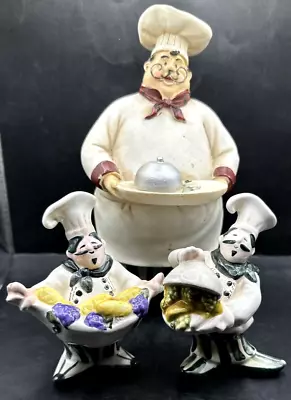 Bistro Chef Salt And Pepper Chef And Chef Figurine Kitchen Decor 3pc Set Vintage • $17.50