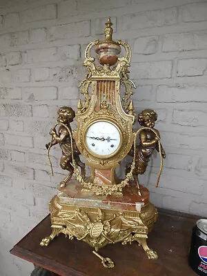 Italian  Marble Bronze Faun Putti Figural Mantel Clock 1970 Rare • $980