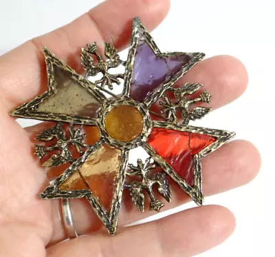 Vintage Old Statement Maltese Cross Colored Resin Stained Glass Brooch - Repair • $1.99