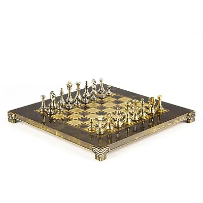 Classic Metal Staunton Small Chess Set - Brass Nickel Pawns - Brown Chess Board • £159