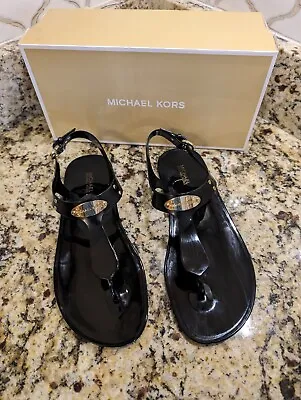 Women Michael Kors MK Plate Jelly Flat Buckle Up Sandals PVC Black SZ 8 • $49.99