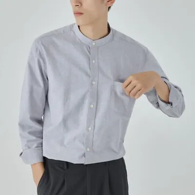 Men Plain Shirt Mandarin Collar Business Casual Blouse Button Up Long Sleeve New • $34.88